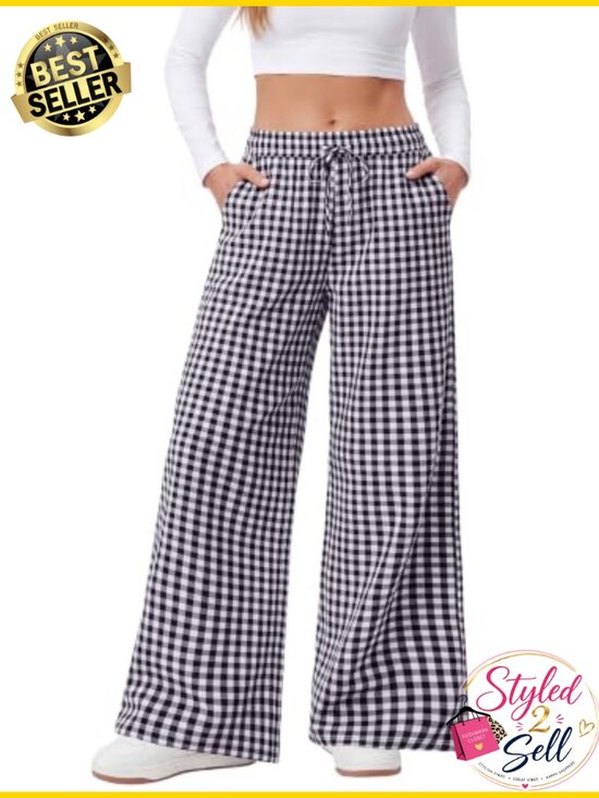 Pants - DIRASS Women High Waist Wide Leg Palazzo Pants 100% Cotton Gingham